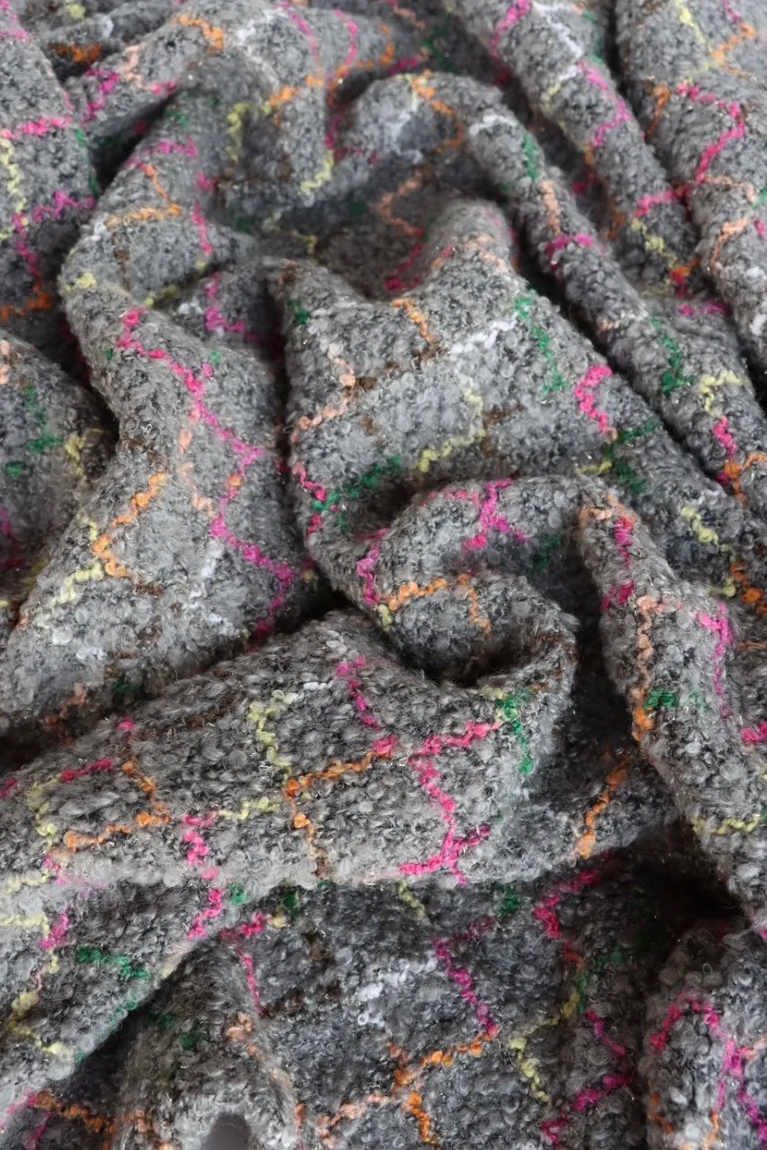 2YD 16IN REMNANT; Multicolor Argyle on Gray Wool Boucle Sweater Knit