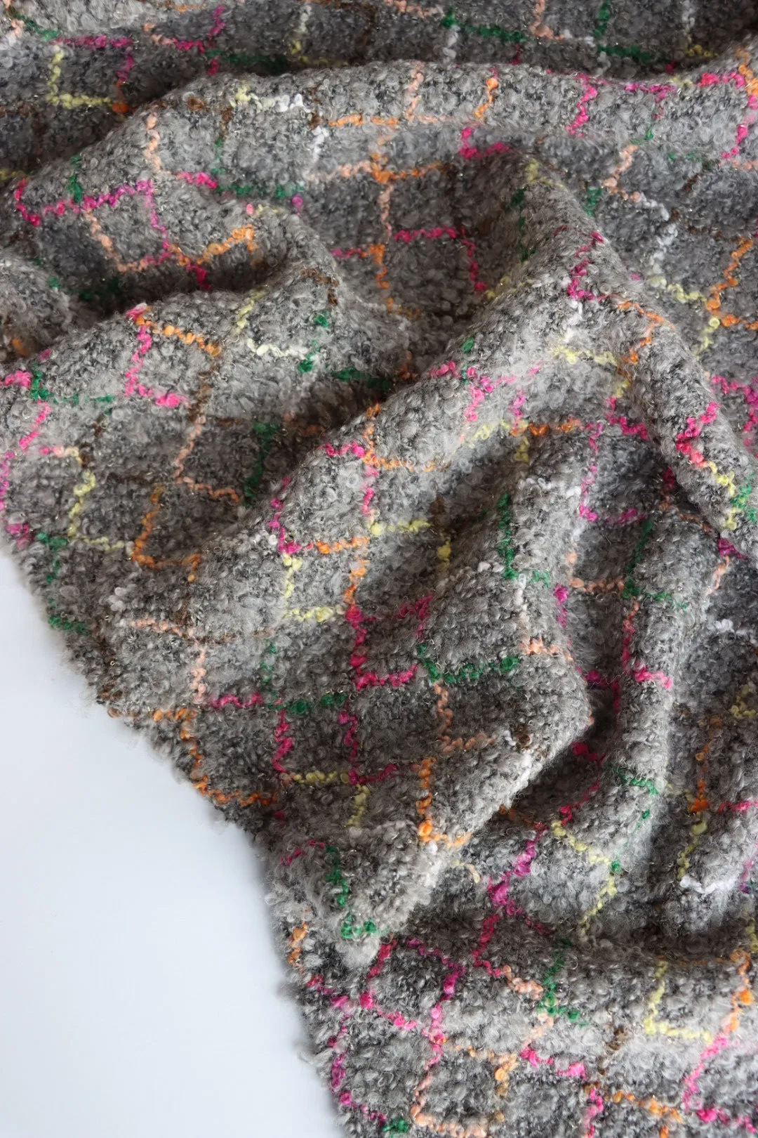 2YD 16IN REMNANT; Multicolor Argyle on Gray Wool Boucle Sweater Knit