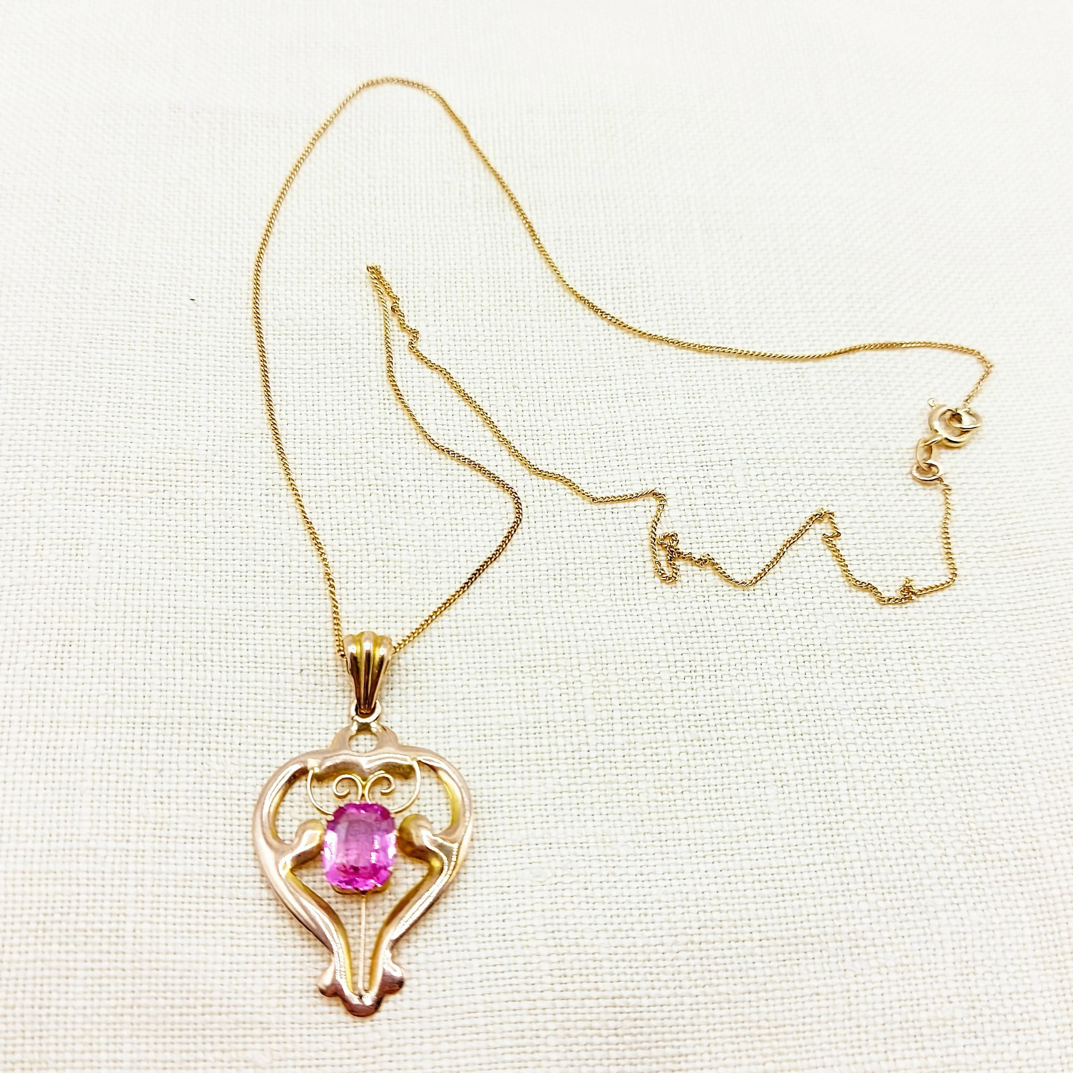 9ct Gold & Pink Tourmaline Pendant & Chain