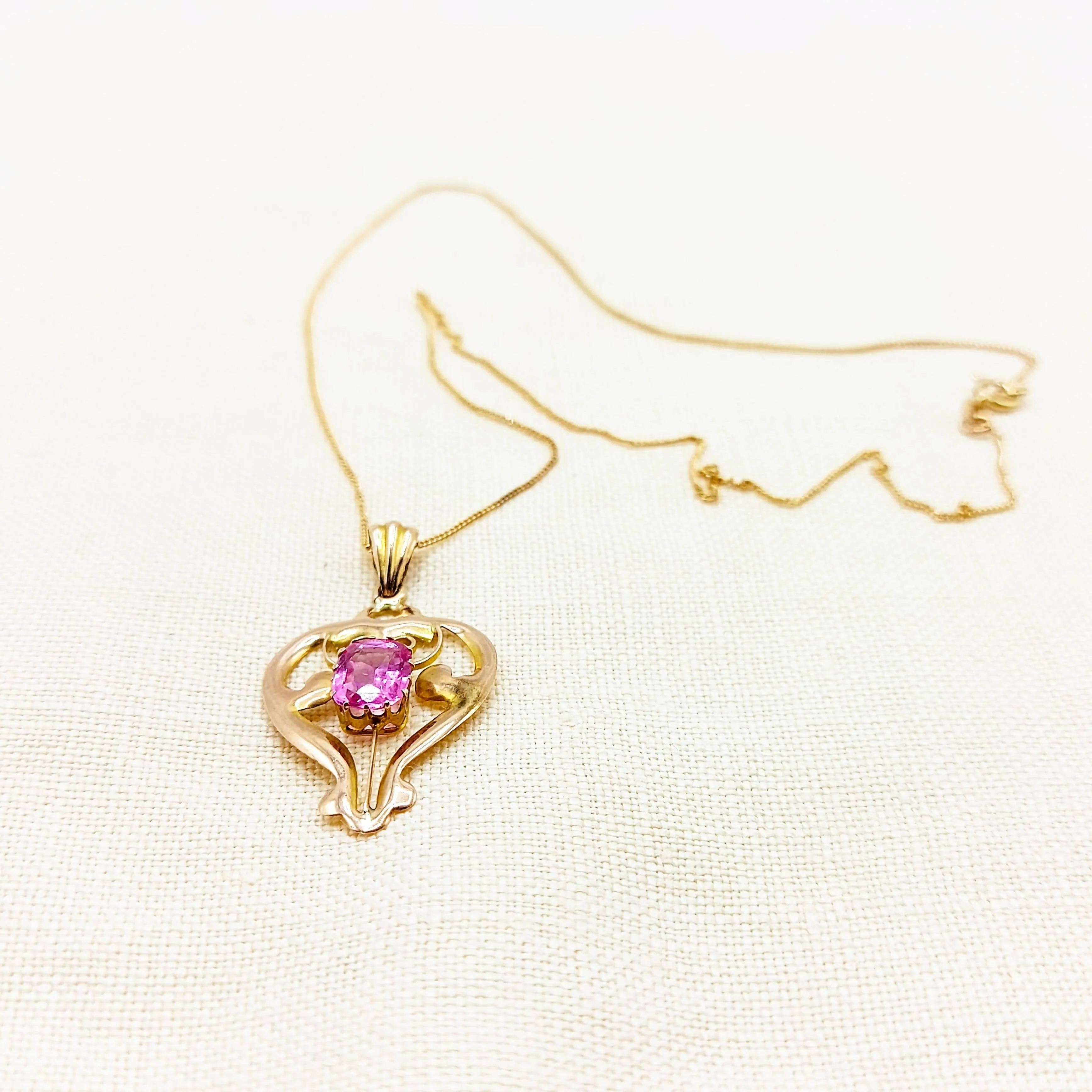 9ct Gold & Pink Tourmaline Pendant & Chain