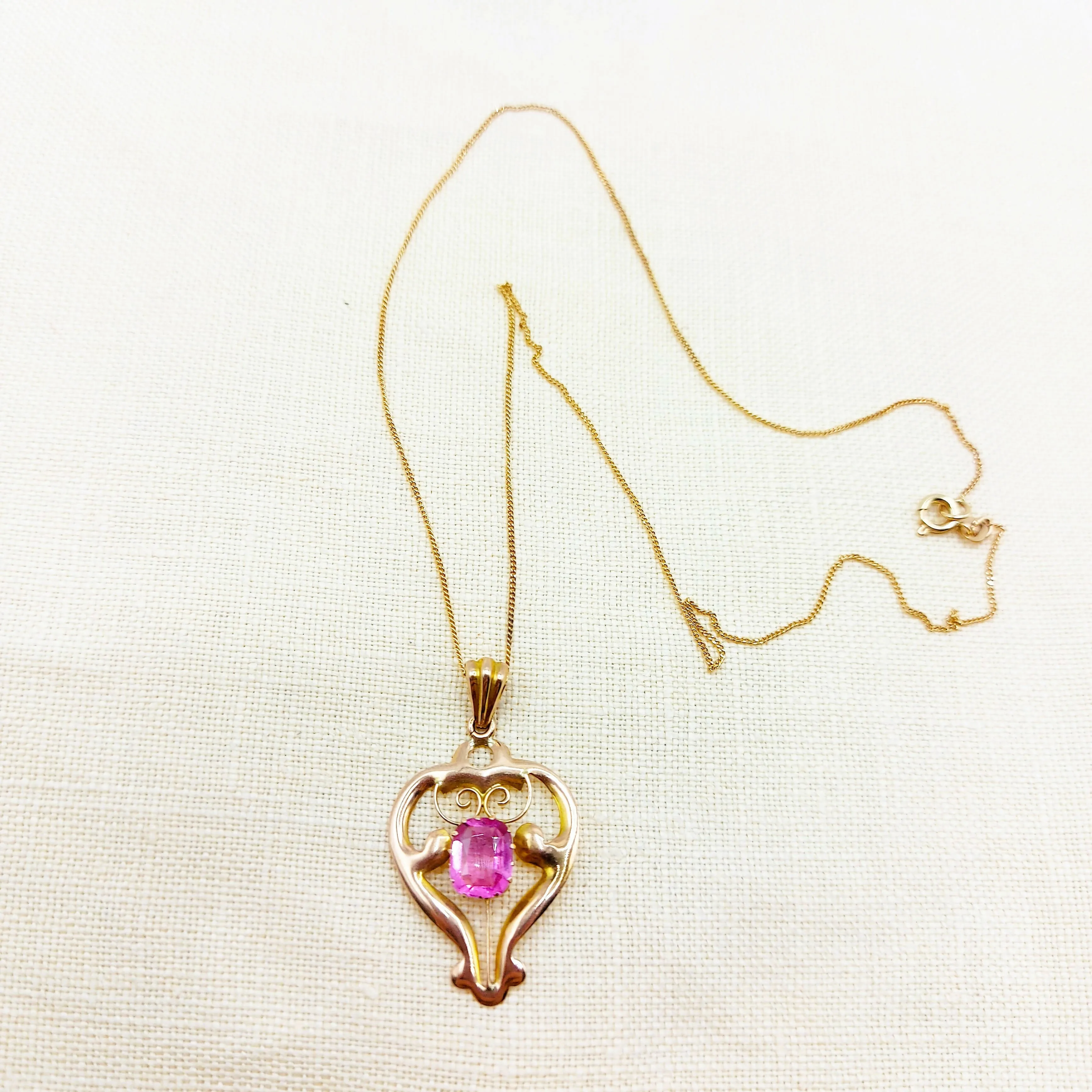 9ct Gold & Pink Tourmaline Pendant & Chain