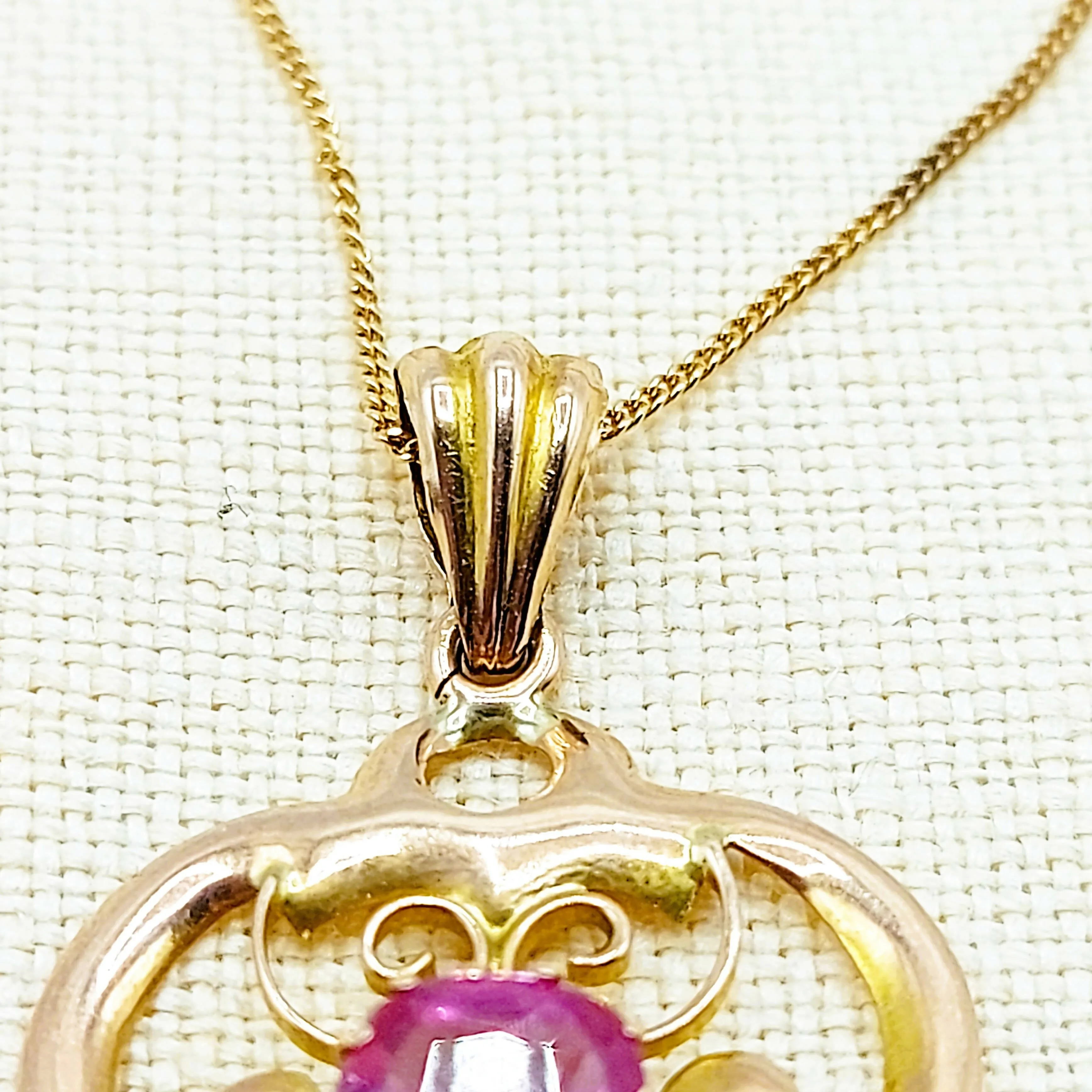 9ct Gold & Pink Tourmaline Pendant & Chain