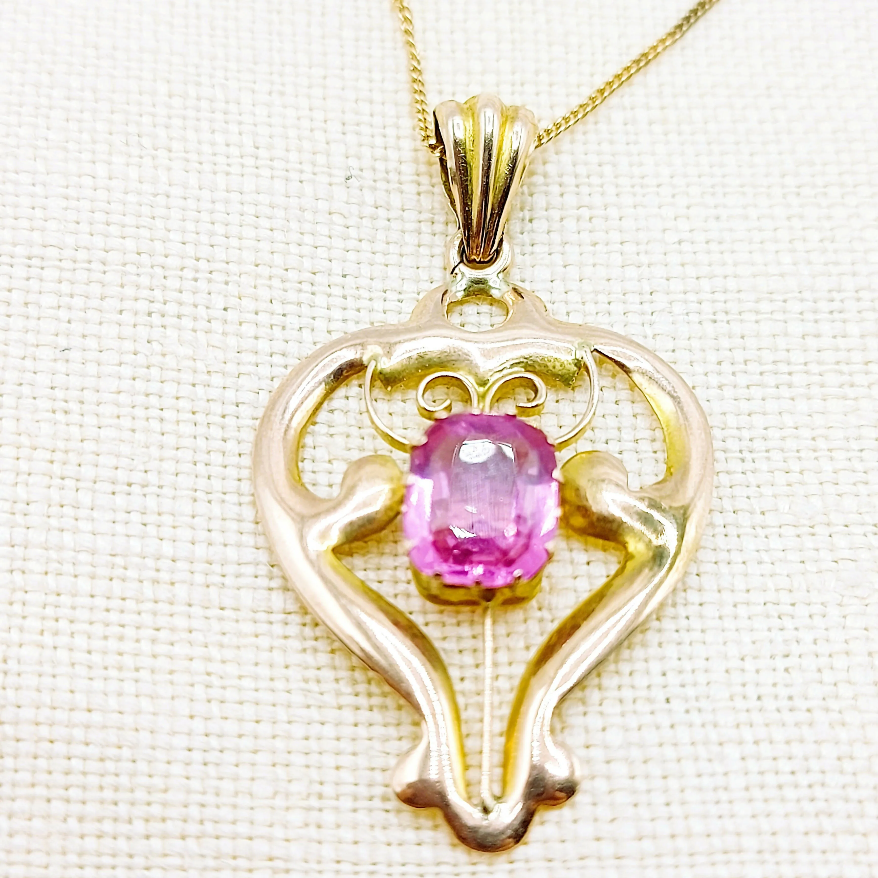 9ct Gold & Pink Tourmaline Pendant & Chain