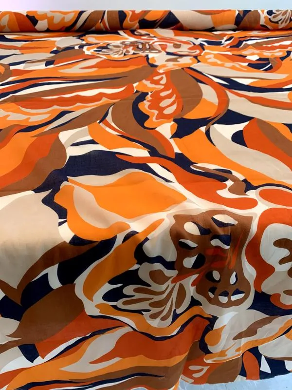 Abstract Printed Cotton Voile - Orange / Off-White / Navy