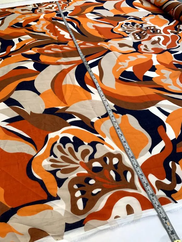 Abstract Printed Cotton Voile - Orange / Off-White / Navy