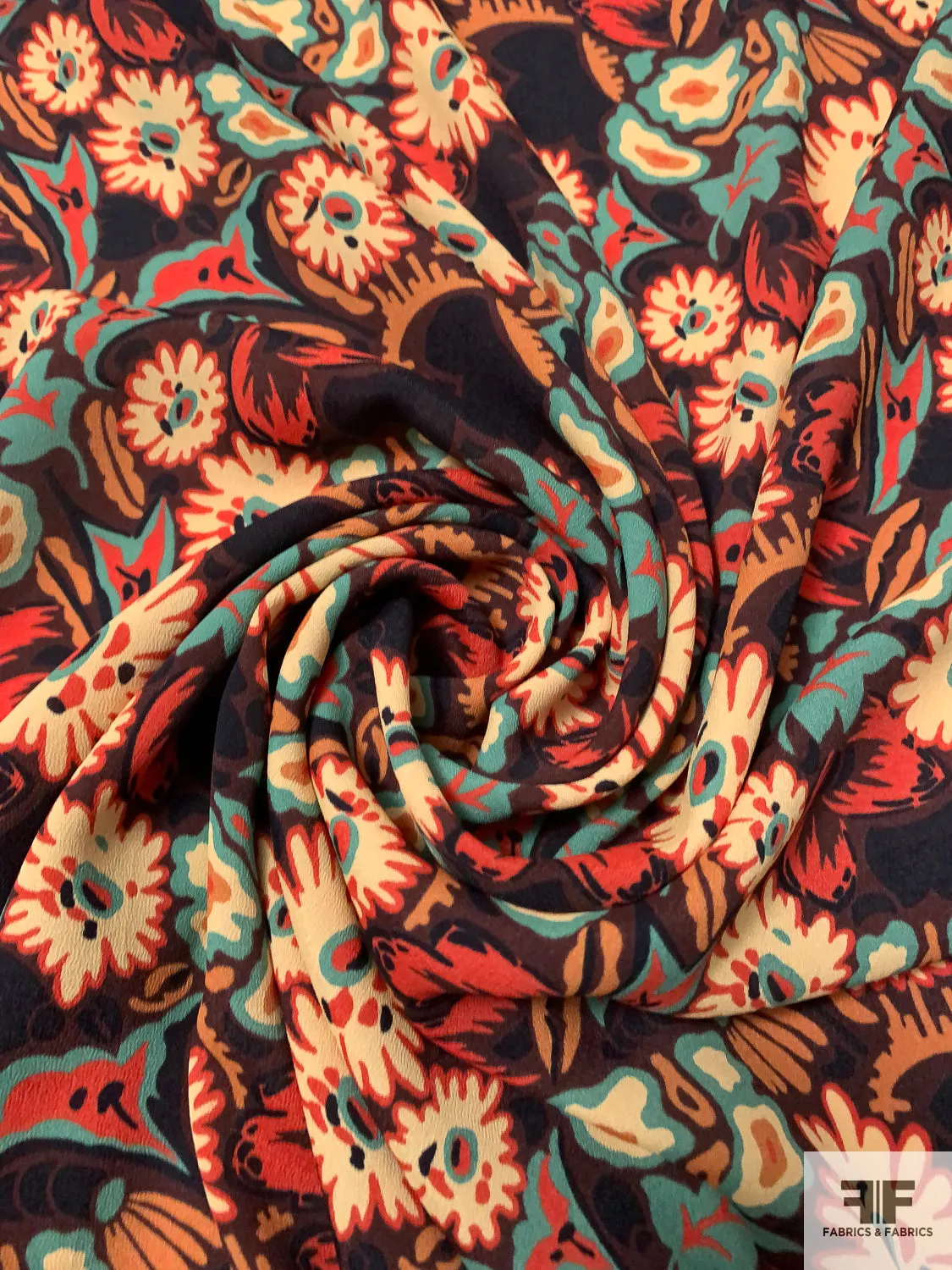 Anna Sui Playful Floral Printed Rayon Georgette - Turquoise / Eggnog / Orange / Burnt Orange