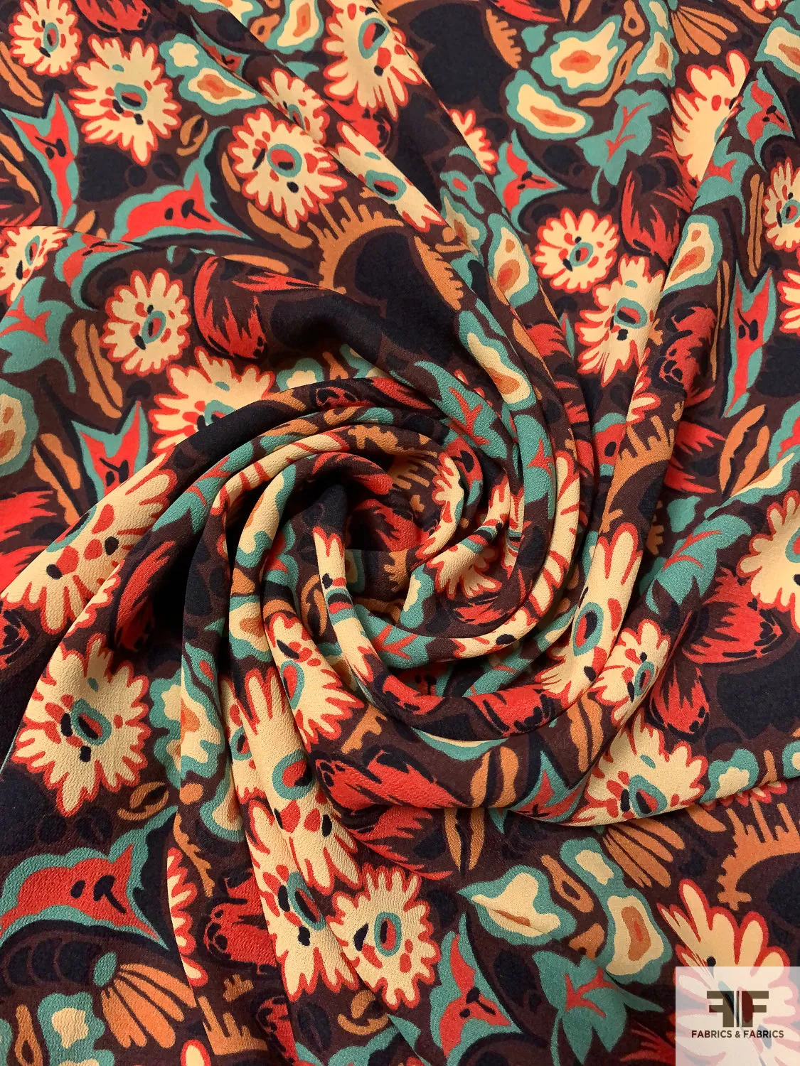 Anna Sui Playful Floral Printed Rayon Georgette - Turquoise / Eggnog / Orange / Burnt Orange