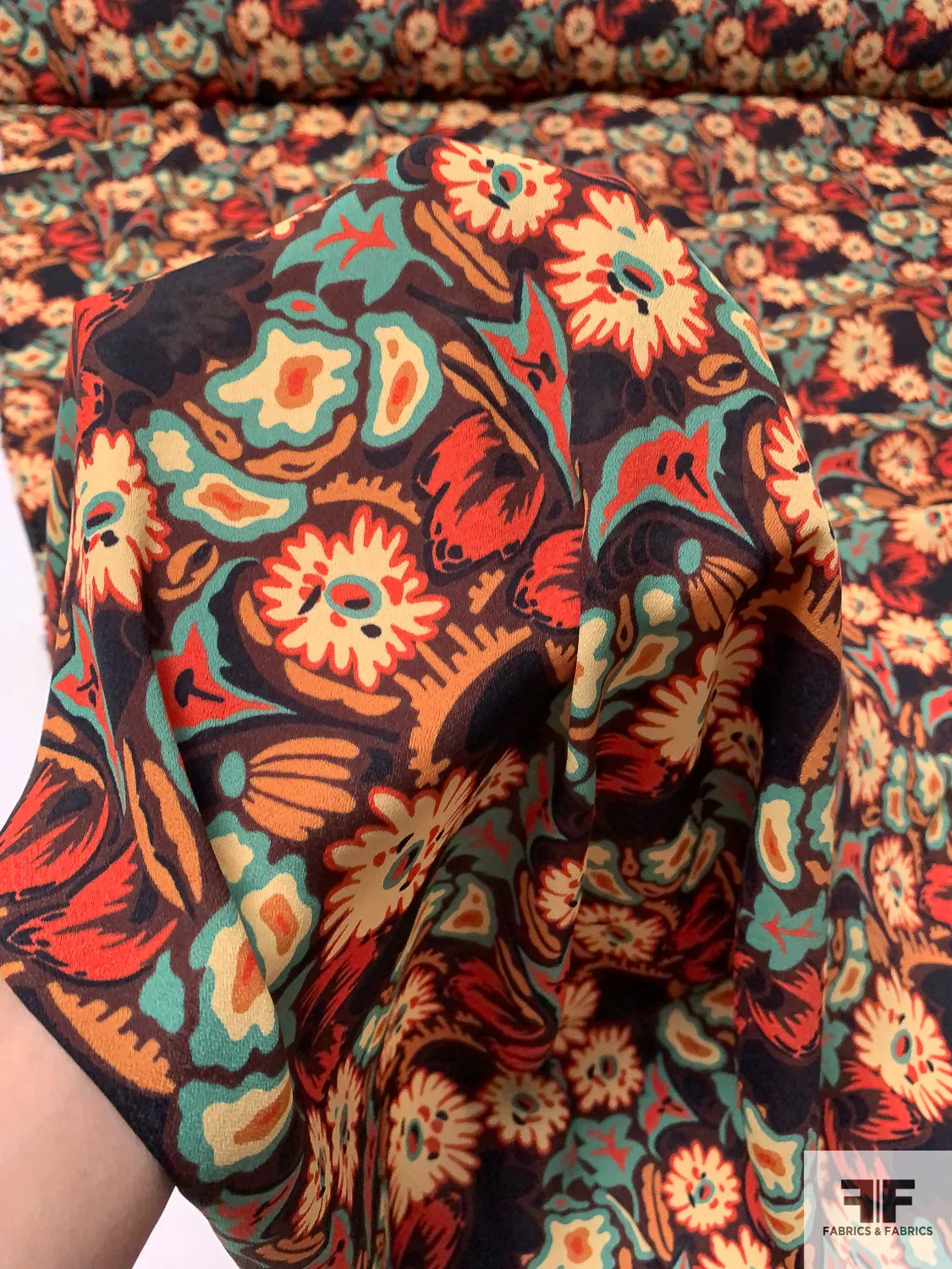 Anna Sui Playful Floral Printed Rayon Georgette - Turquoise / Eggnog / Orange / Burnt Orange