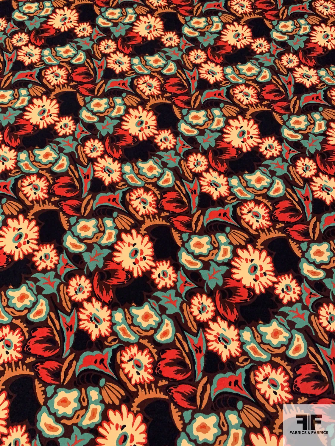 Anna Sui Playful Floral Printed Rayon Georgette - Turquoise / Eggnog / Orange / Burnt Orange