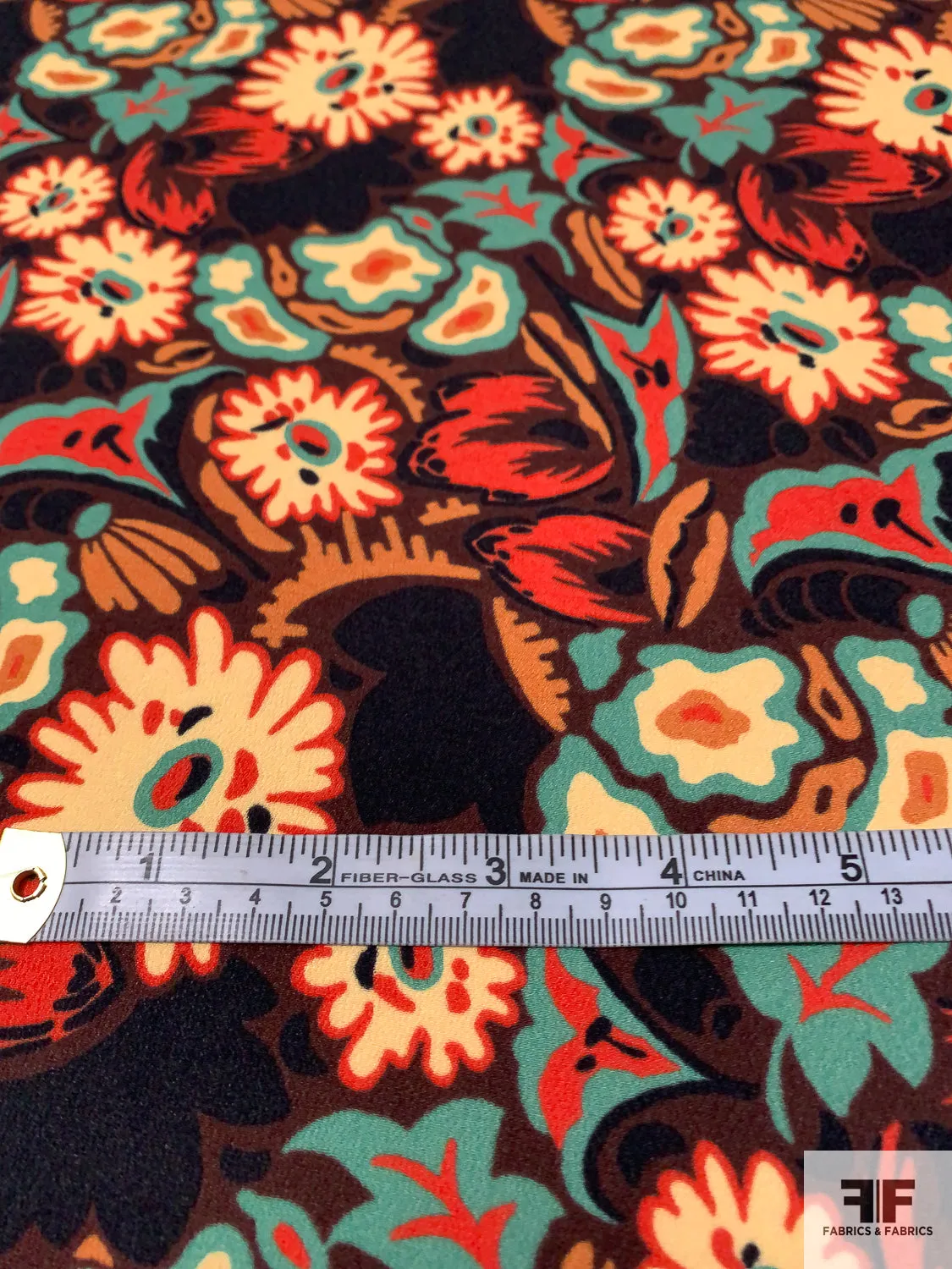 Anna Sui Playful Floral Printed Rayon Georgette - Turquoise / Eggnog / Orange / Burnt Orange