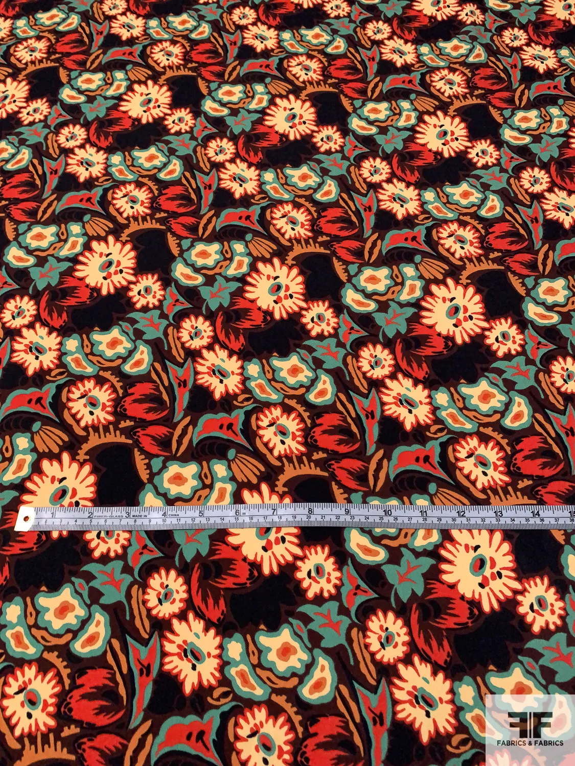 Anna Sui Playful Floral Printed Rayon Georgette - Turquoise / Eggnog / Orange / Burnt Orange