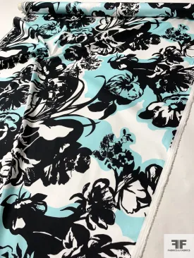 Aquarium Floral Printed Stretch Cotton Sateen - Black / White / Aqua