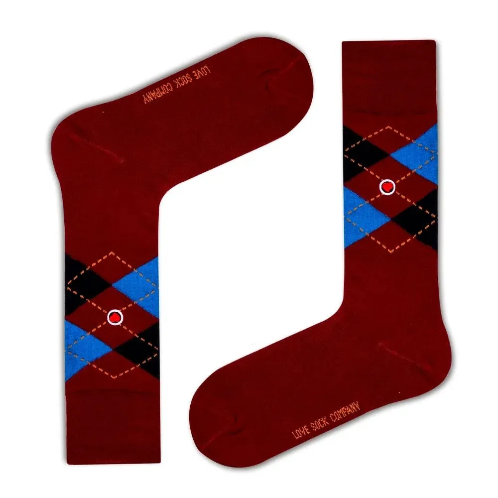 Argyle Socks Burgundy Blue Box