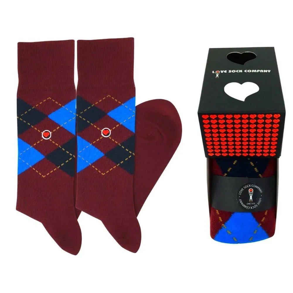 Argyle Socks Burgundy Blue Box