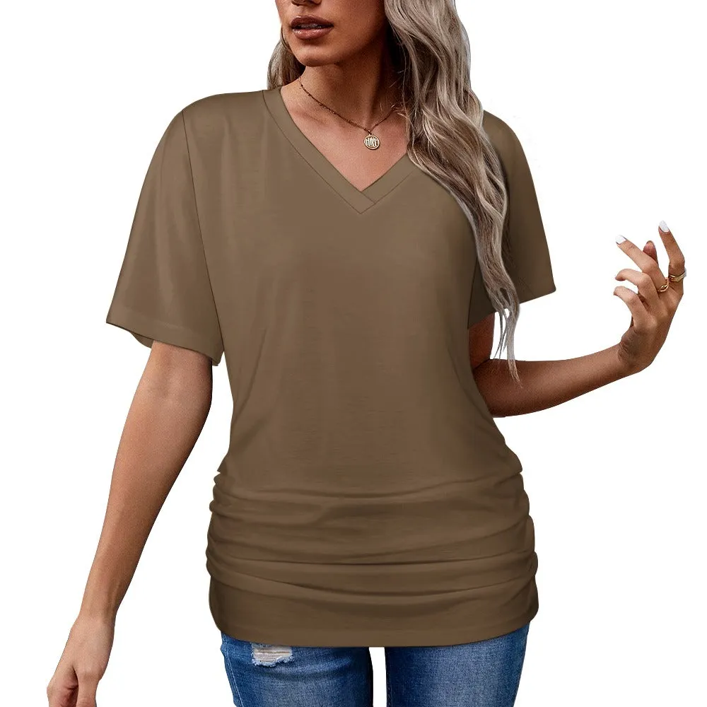 Assorted Colors V-neck pleated T-shirt