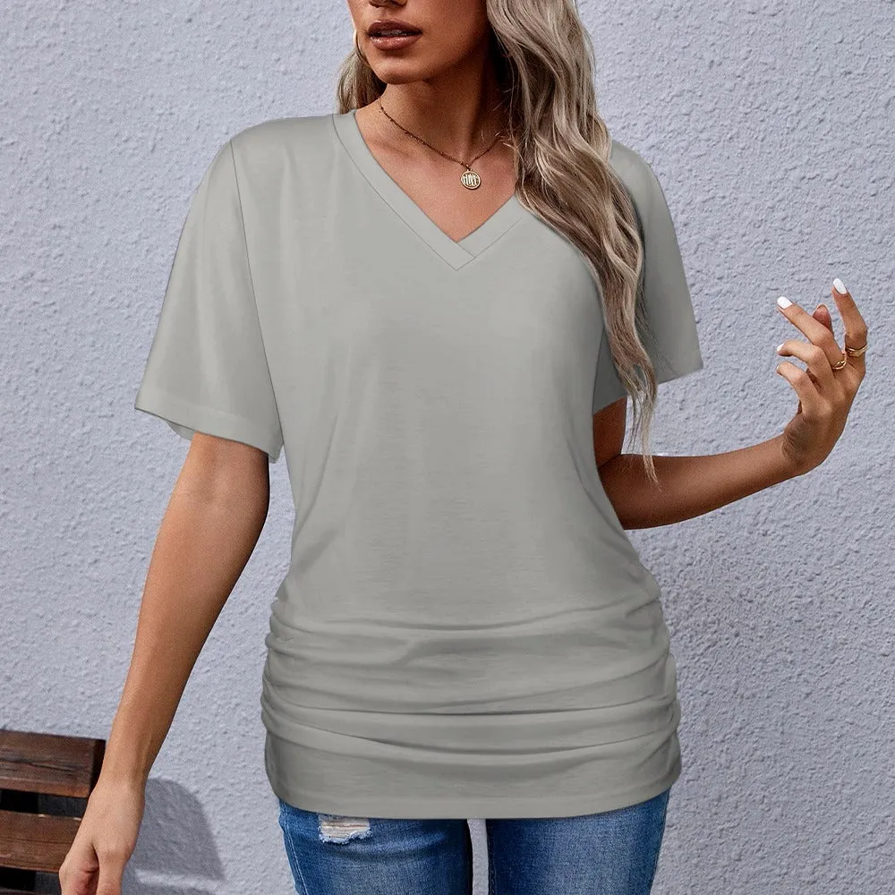 Assorted Colors V-neck pleated T-shirt