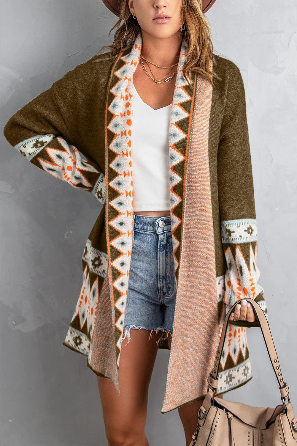 Aztec Print Open Front Knitted Cardigan