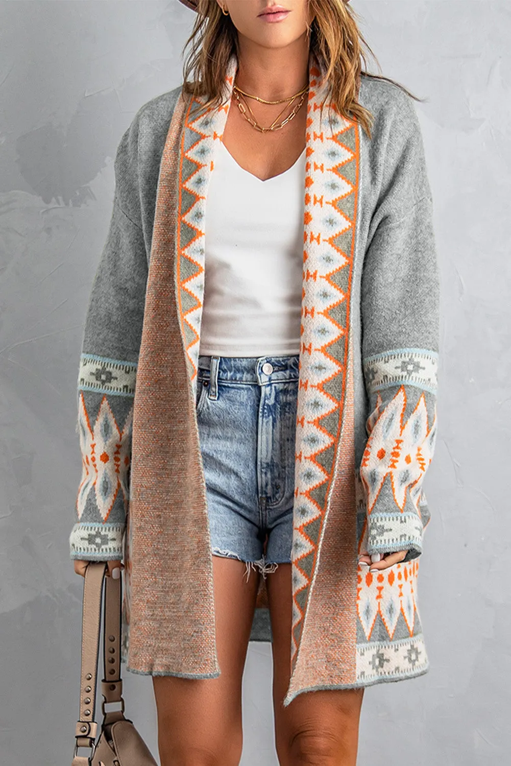 Aztec Print Open Front Knitted Cardigan