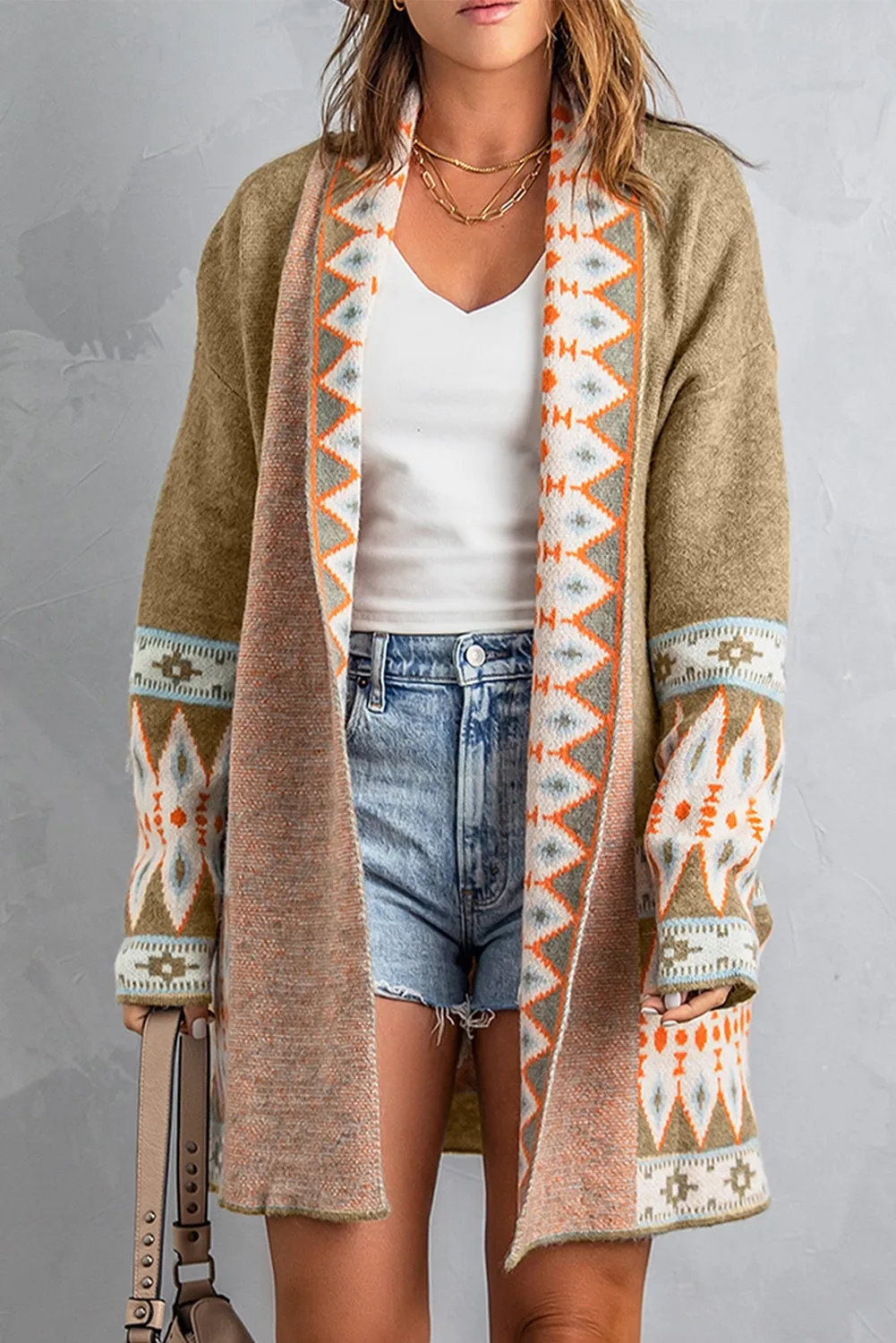 Aztec Print Open Front Knitted Cardigan