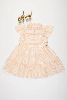 Beige Cotton Frock with Stripes and Pleats for Girls