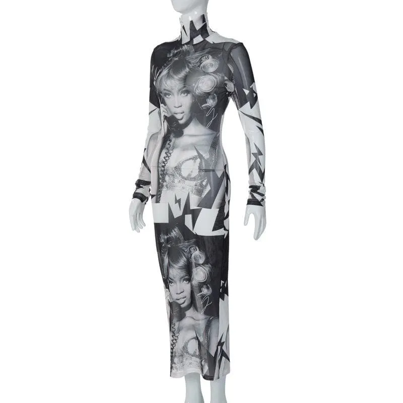 BerryBetty - Abstract print sheer mesh see through high neck long sleeve maxi dress