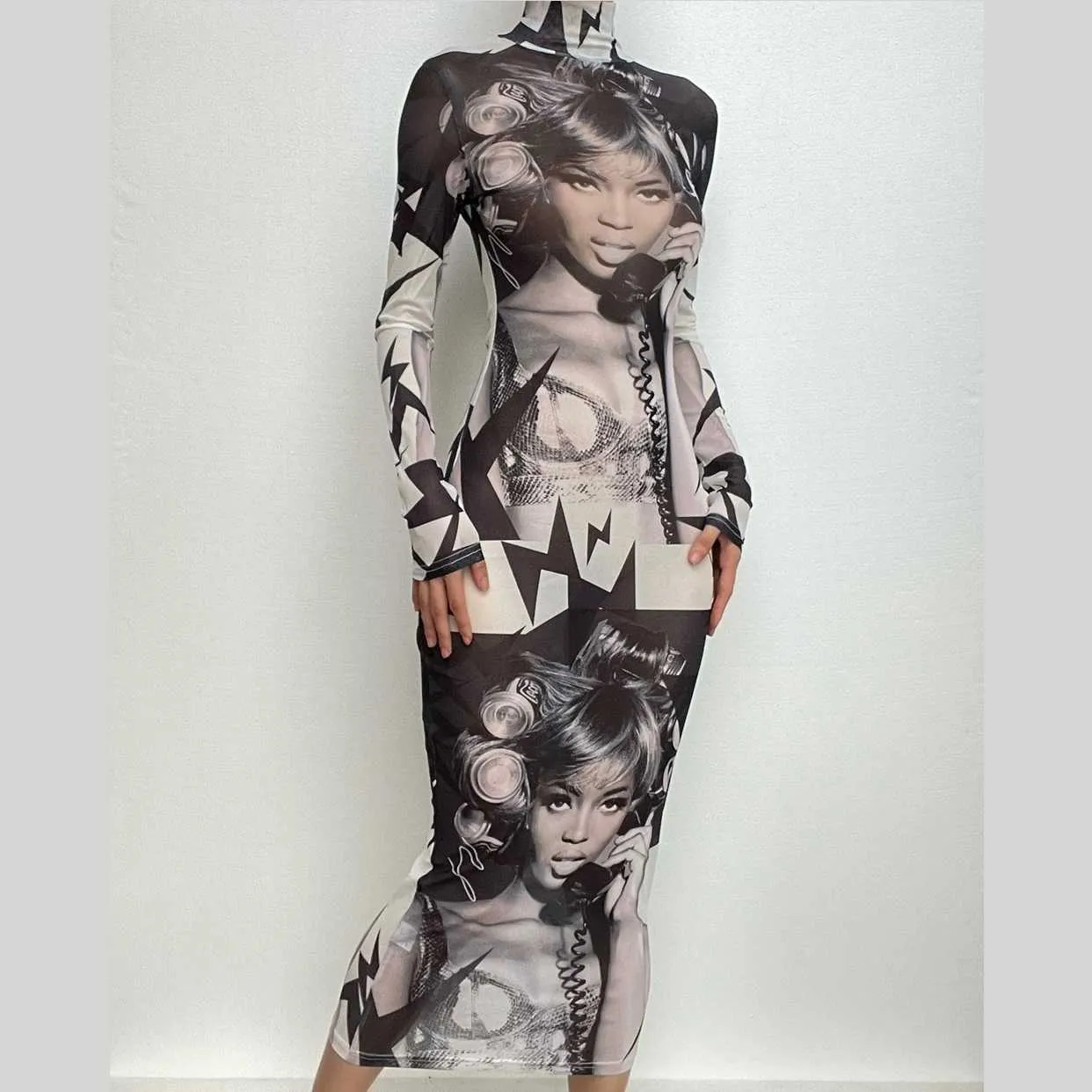 BerryBetty - Abstract print sheer mesh see through high neck long sleeve maxi dress