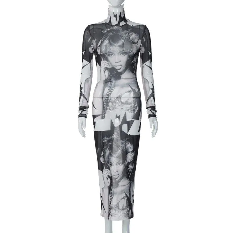 BerryBetty - Abstract print sheer mesh see through high neck long sleeve maxi dress