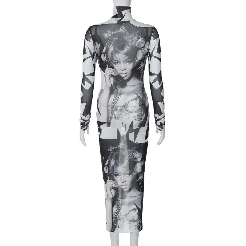 BerryBetty - Abstract print sheer mesh see through high neck long sleeve maxi dress