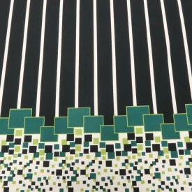 Black, Green and White Stripes and Squares Printed Jersey Stretch Fabric