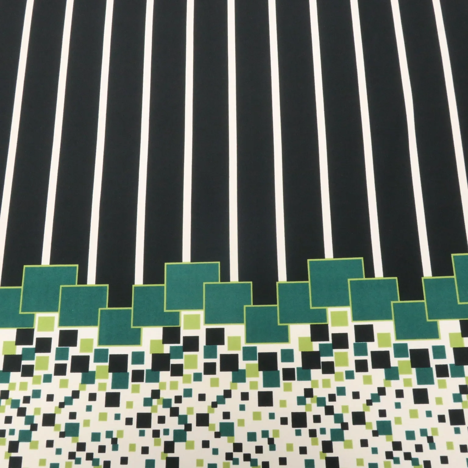 Black, Green and White Stripes and Squares Printed Jersey Stretch Fabric