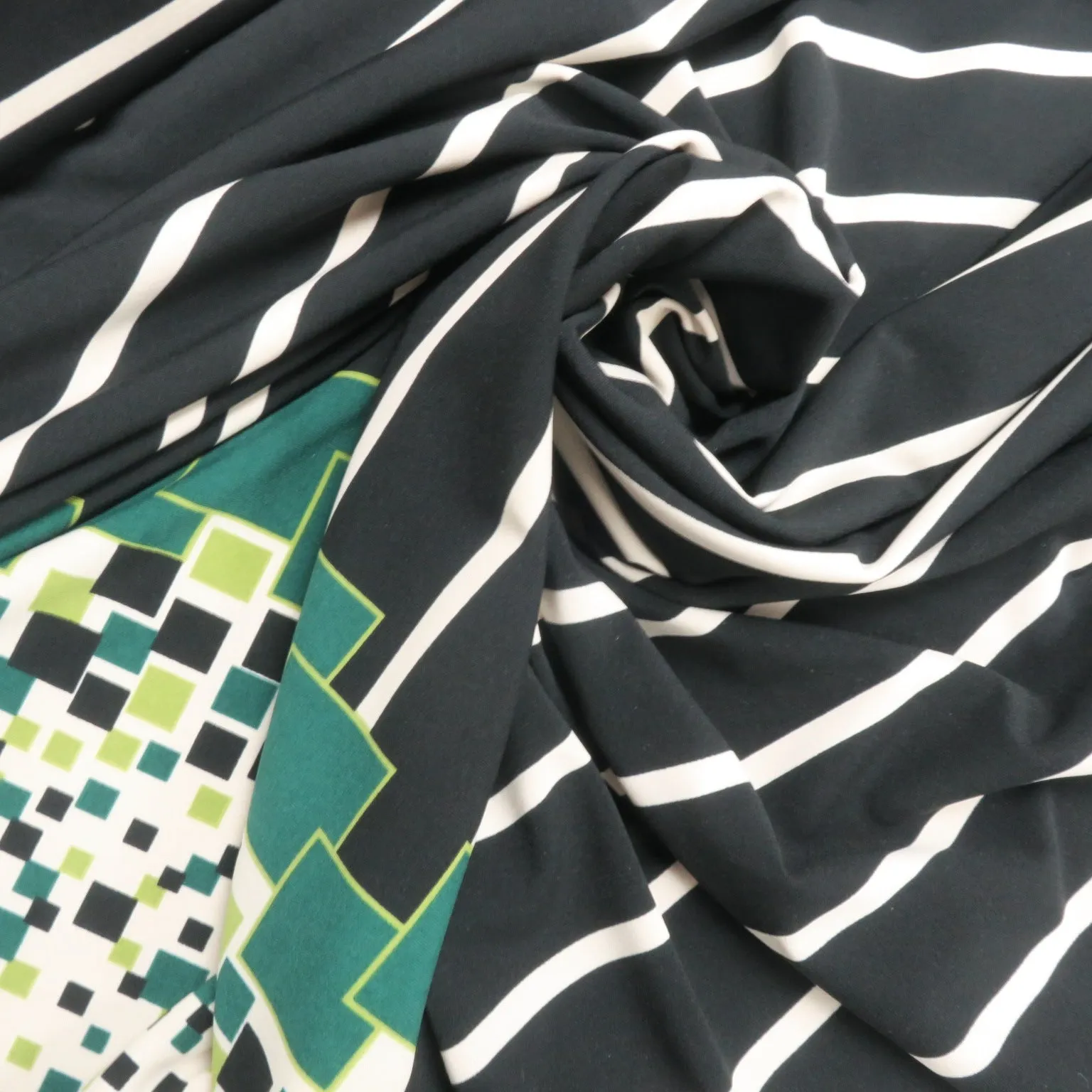 Black, Green and White Stripes and Squares Printed Jersey Stretch Fabric