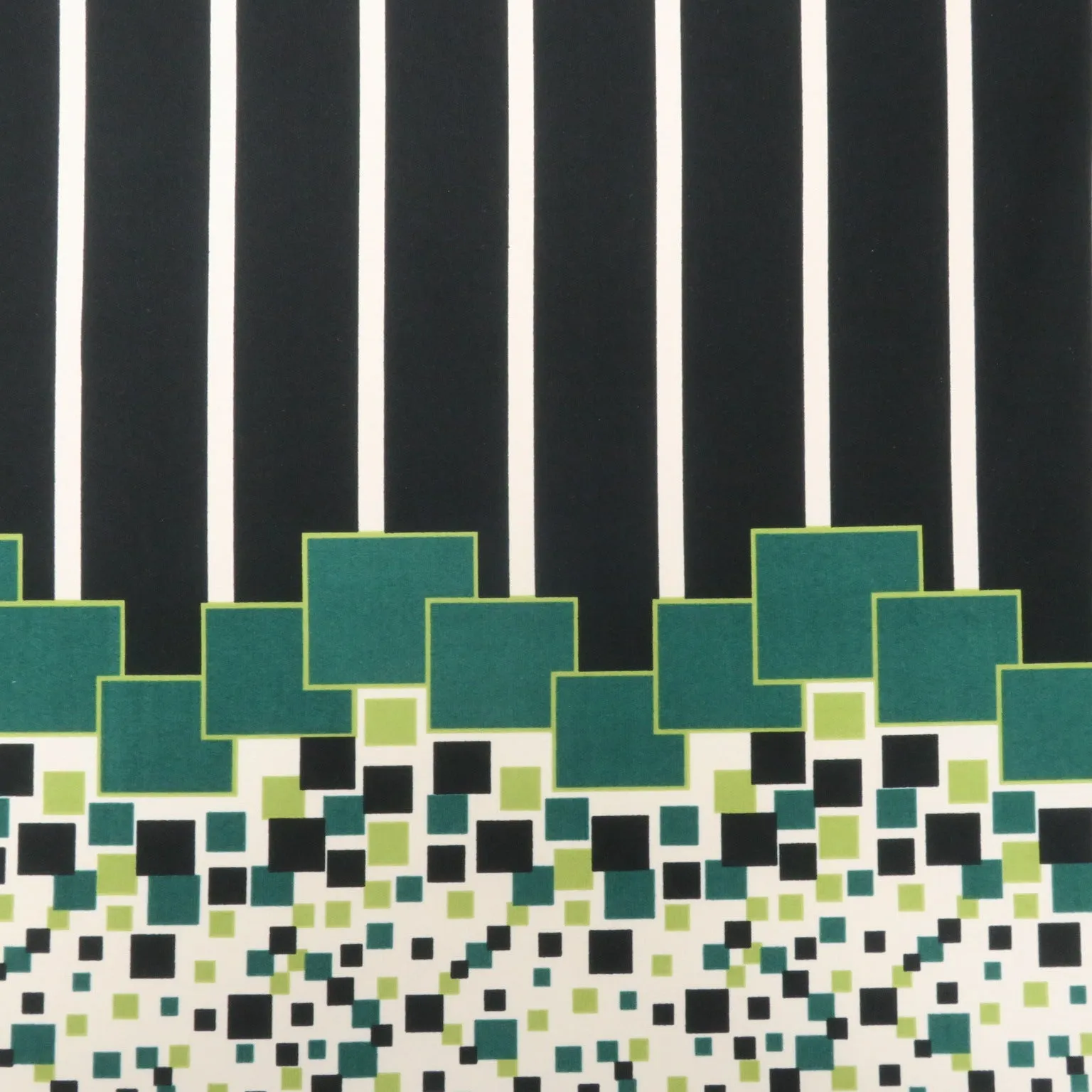 Black, Green and White Stripes and Squares Printed Jersey Stretch Fabric