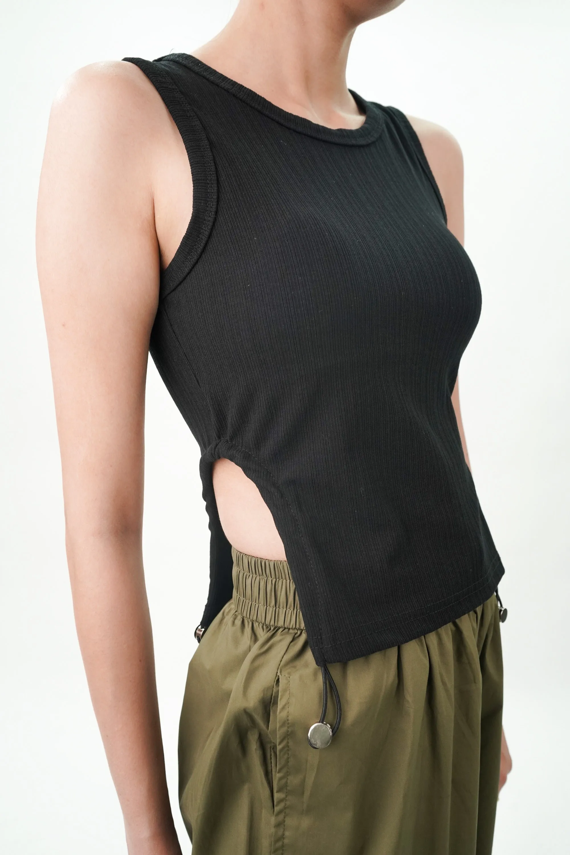 Black Top With Drawstring On Side Slits