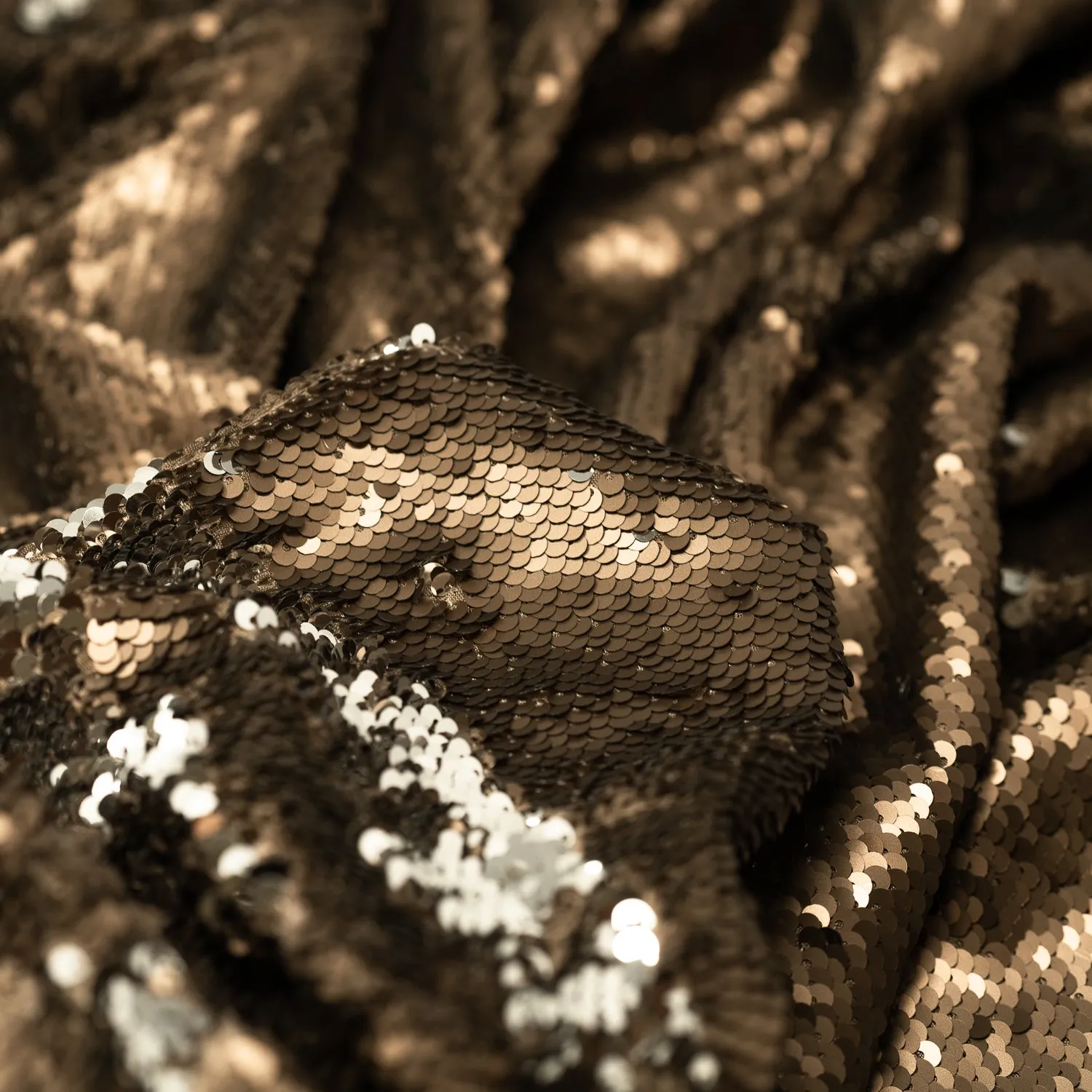 Brown and Silver Flip Sequin on Spandex Fabric | Blue Moon Fabrics