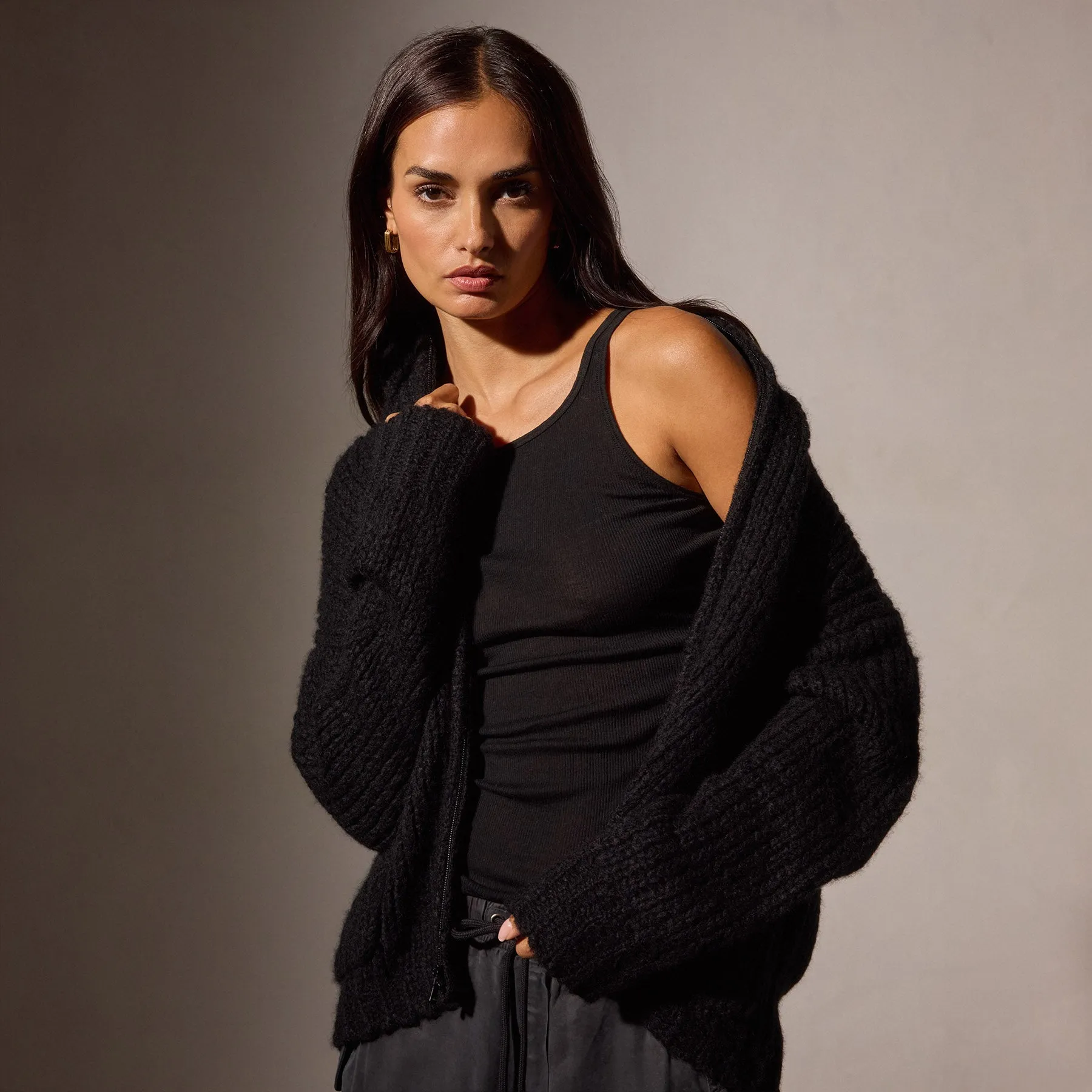 Cotton Cashmere Blend Ribbed Tank - Black