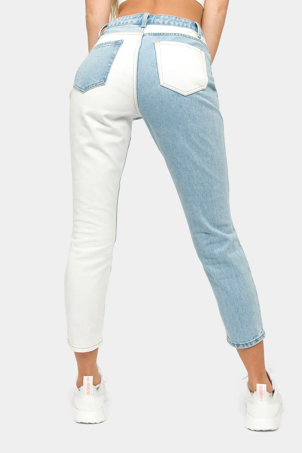 Distressed High Waist Color Block Boyfriend Jeans