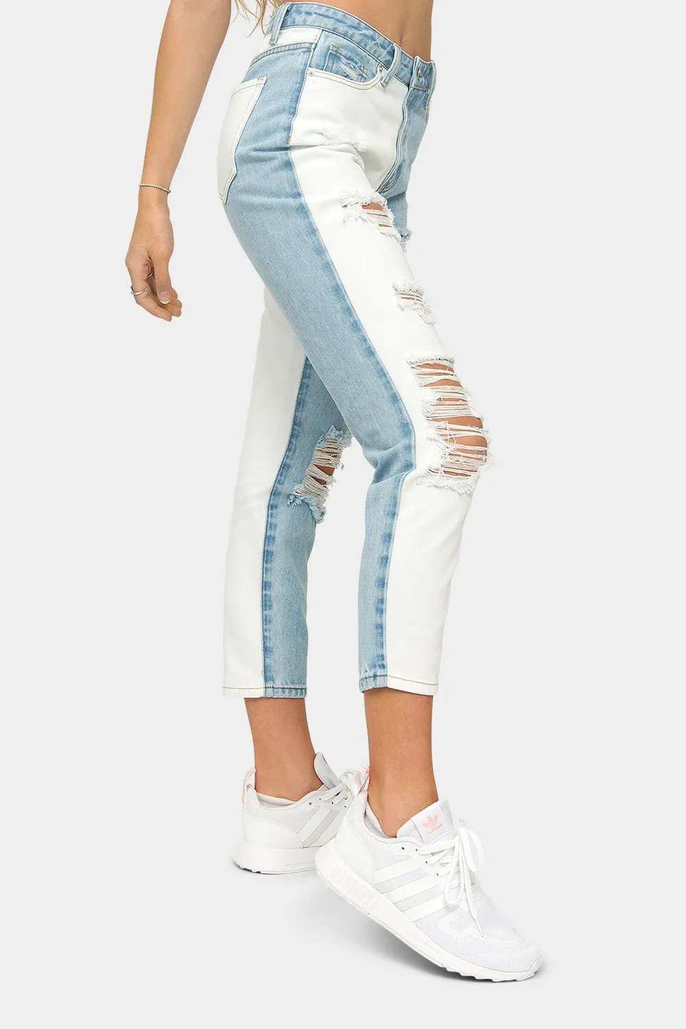 Distressed High Waist Color Block Boyfriend Jeans