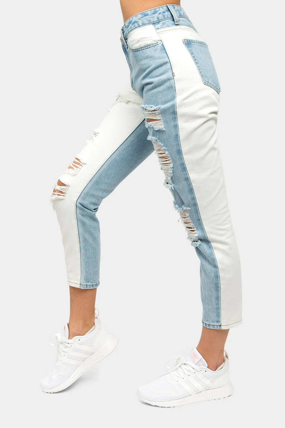 Distressed High Waist Color Block Boyfriend Jeans