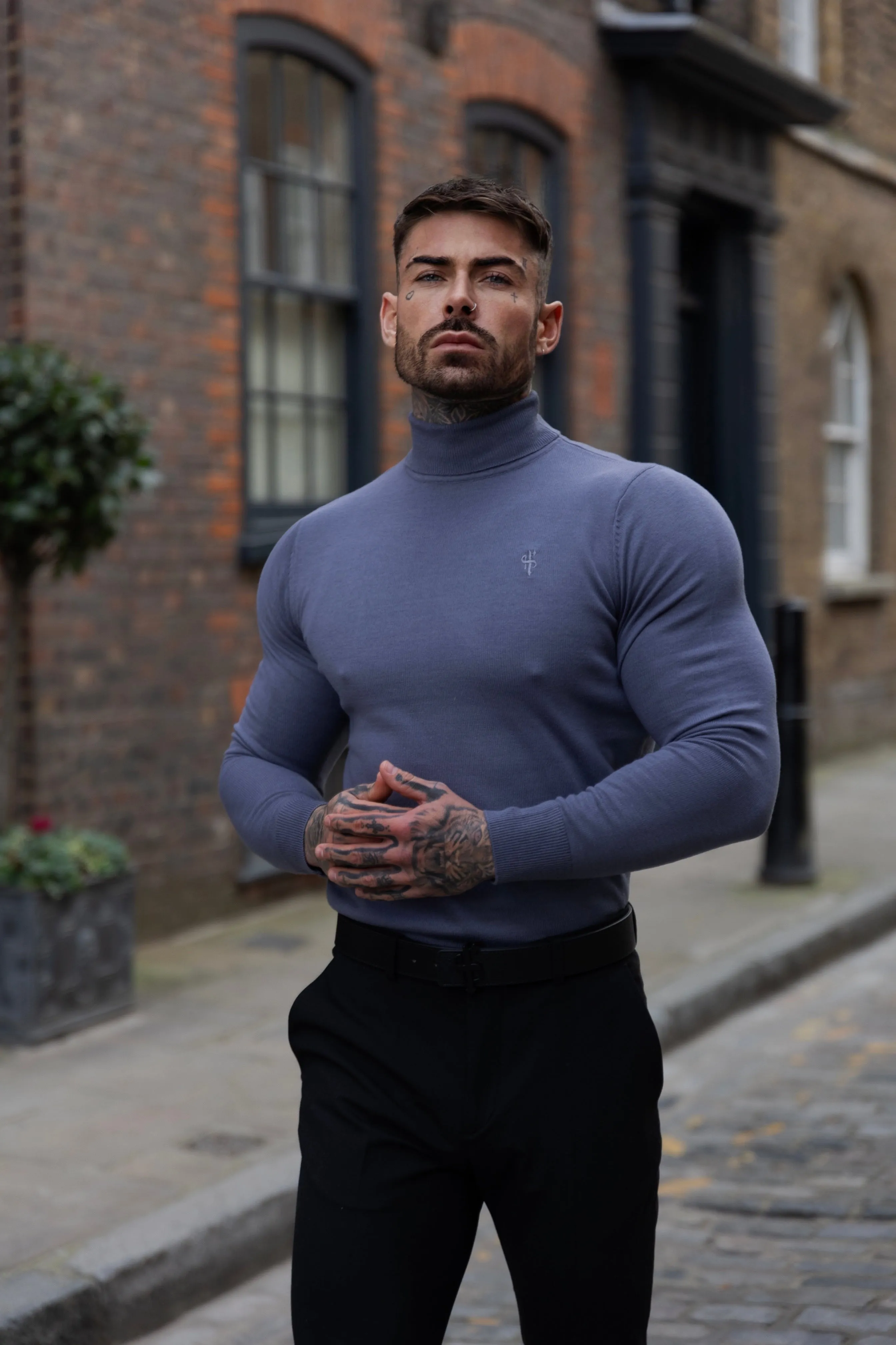 Father Sons Classic Gunmetal Roll Neck Knitted Sweater With Tonal Emblem - FSN137