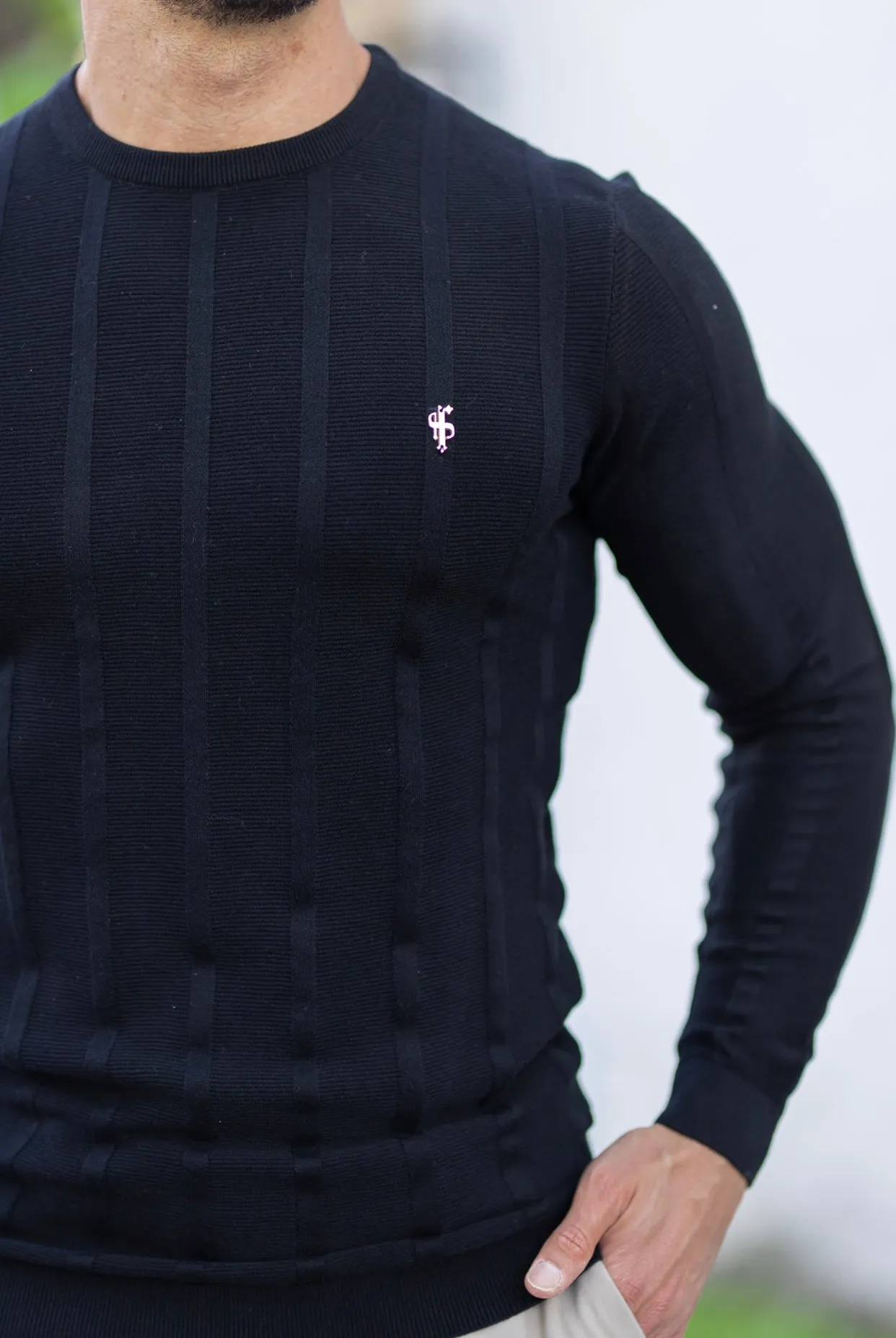 Father Sons Classic Long Sleeve Black Knitted Wide Rib Crew with Gold Emblem - FSH607