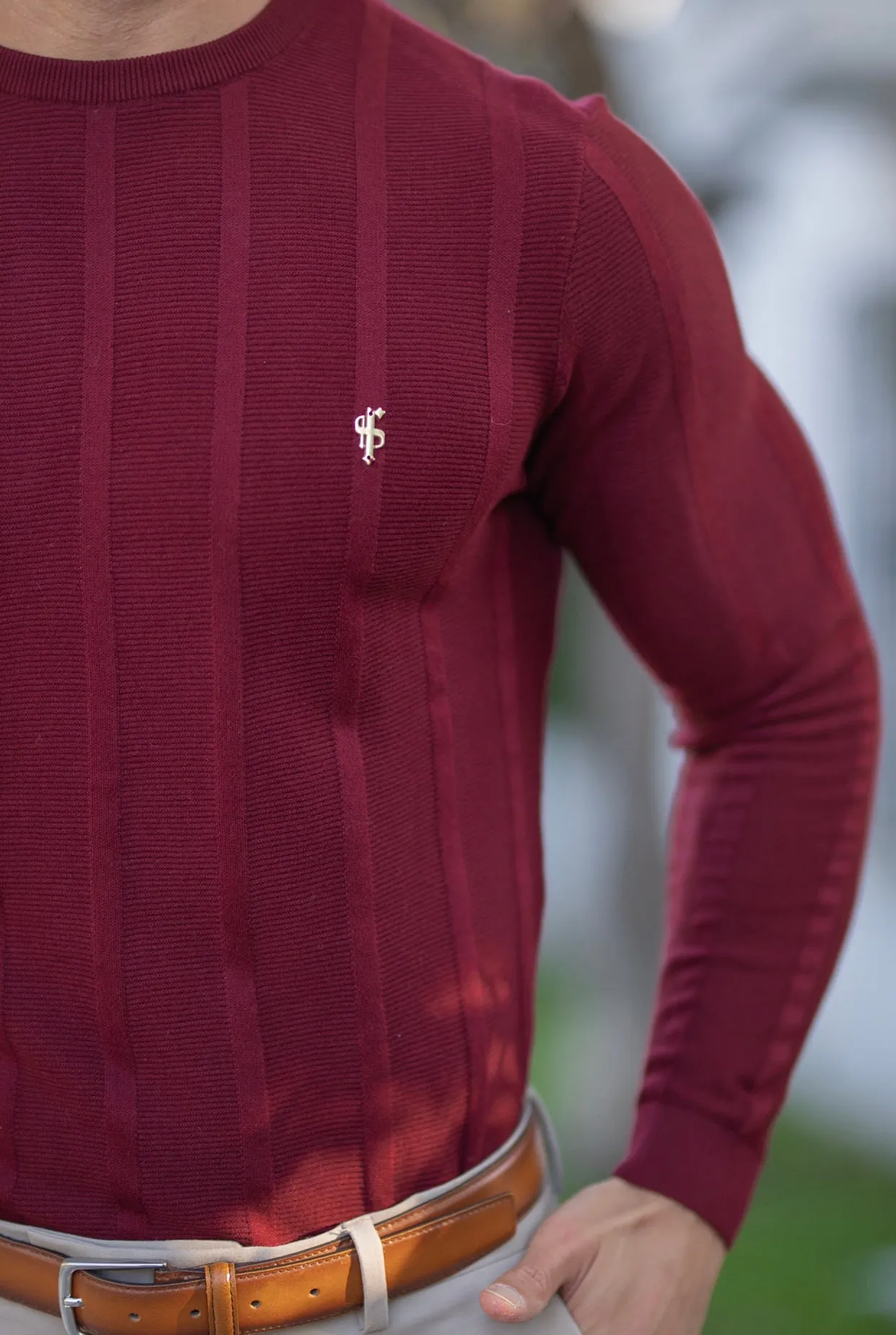 Father Sons Classic Long Sleeve Burgundy Knitted Wide Rib Crew with Gold Emblem - FSH602