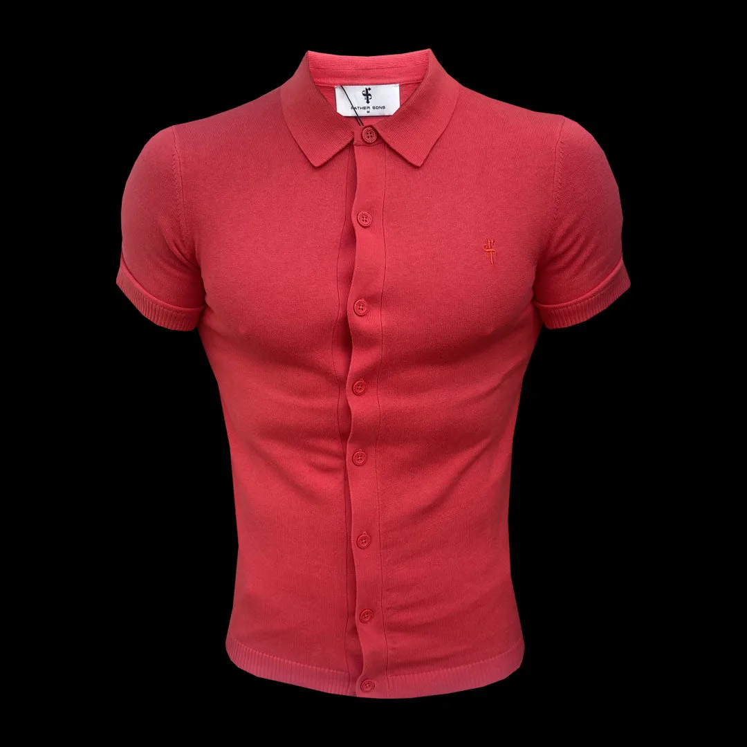 Father Sons Classic Plain Coral Knitted Button Through Polo Short Sleeve - FSN164