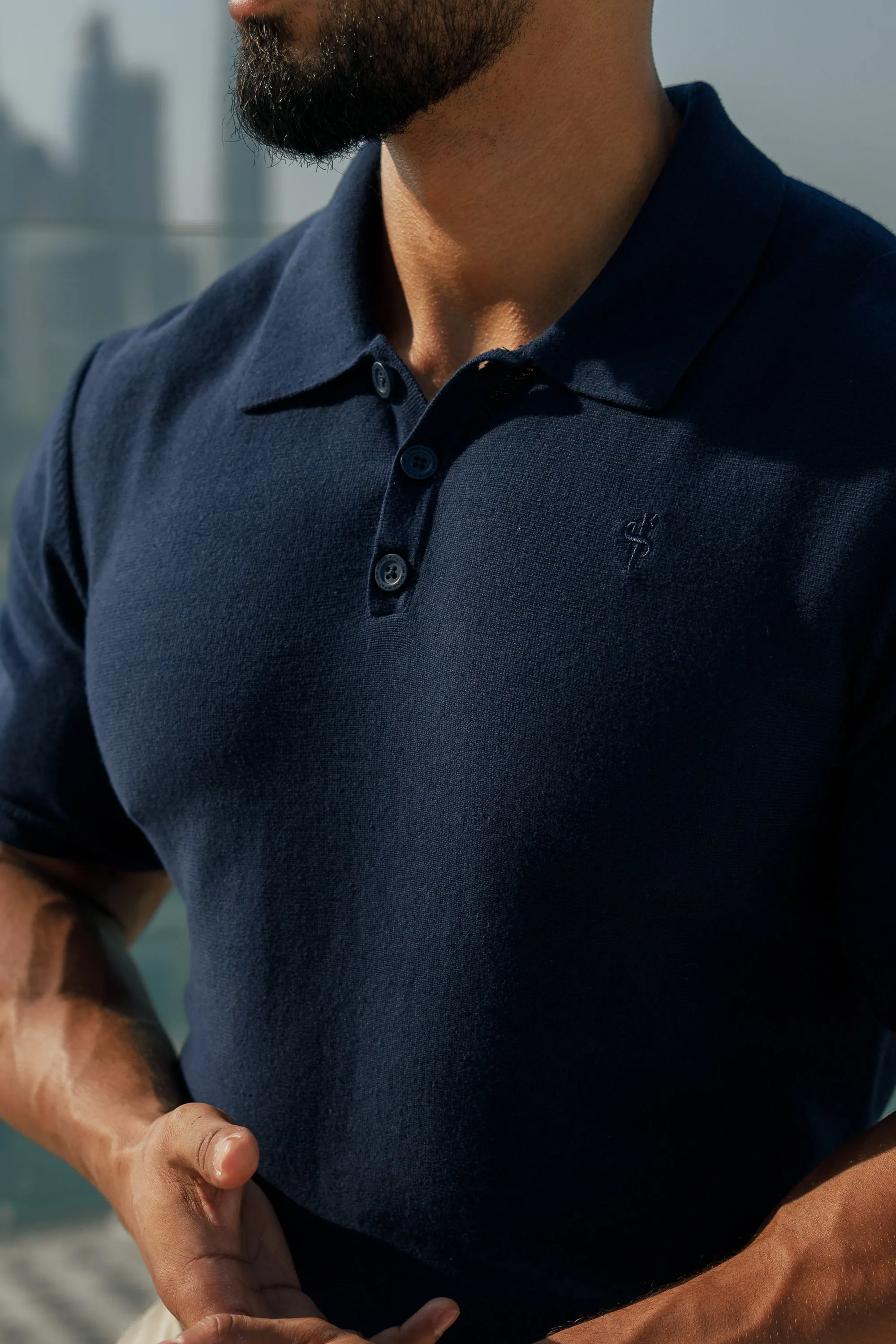 Father Sons Classic Plain Navy Knitted Polo Short Sleeve - FSN109