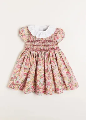 Florence Floral Handsmocked Short Sleeve Dress in Pink (18mths-10yrs)