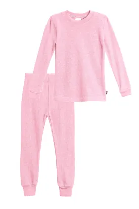 Girls Soft & Cozy Thermal 2-Piece Long Johns | Bright Light Pink w- Light Pink Stitch