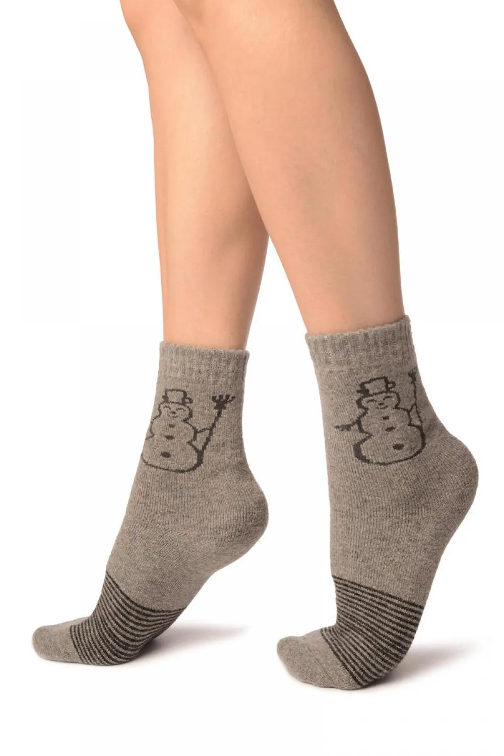 Grey With Thing Stripes & Snowman Angora Ankle High Socks