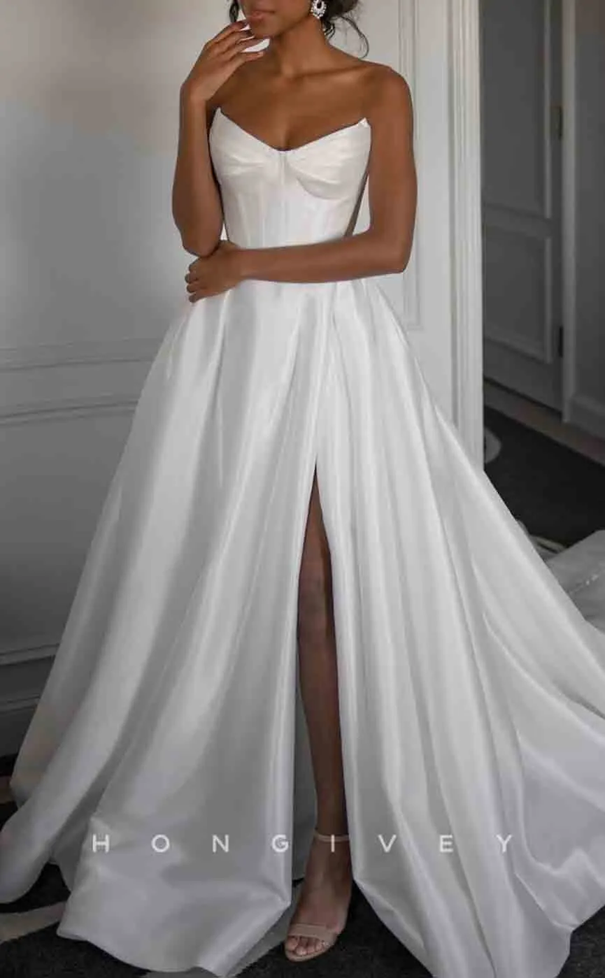 H1294 - Sexy Satin A-Line V-Neck Strapless Sleeveless Empire Illusion With Side Slit Train Wedding Dress