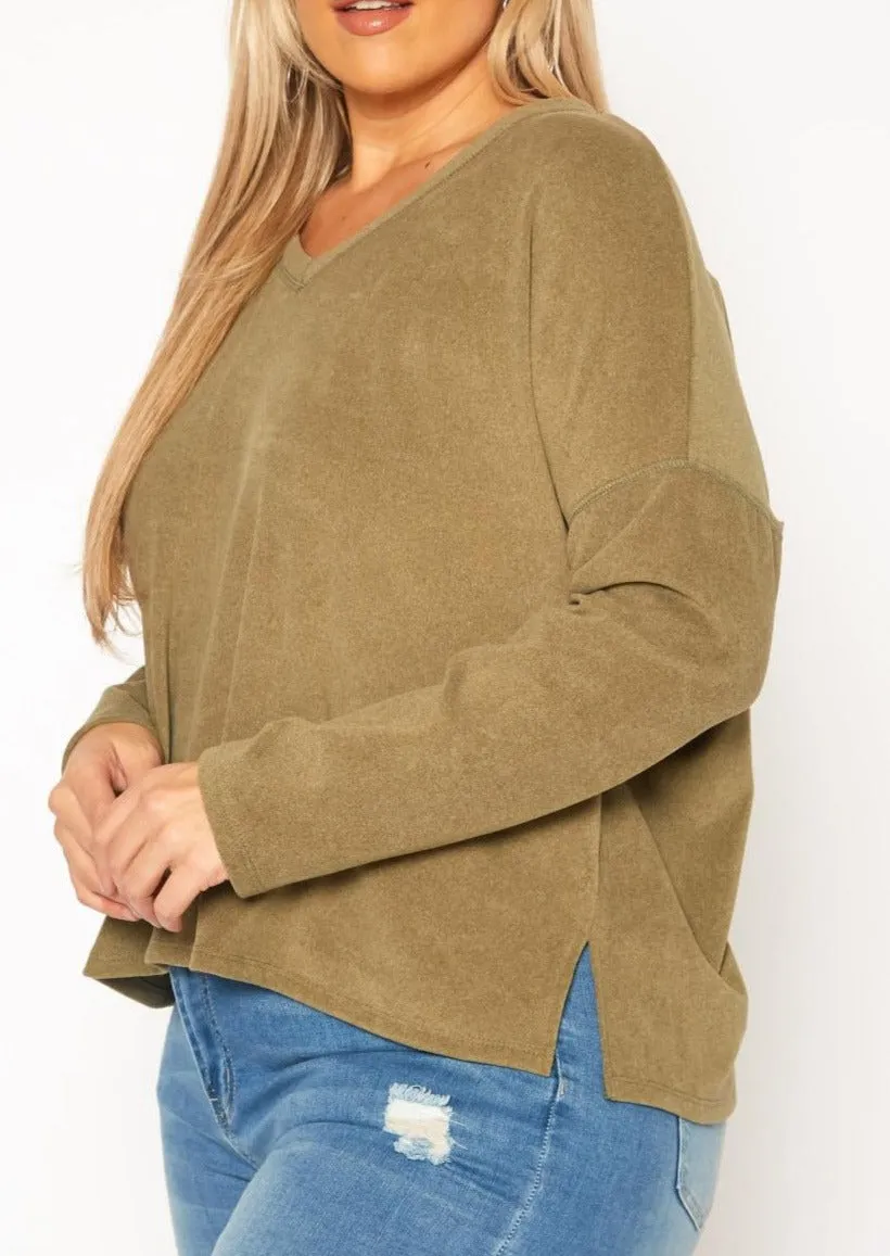 Hi Curvy Plus Size Basic V Neck Long Sleeve Top