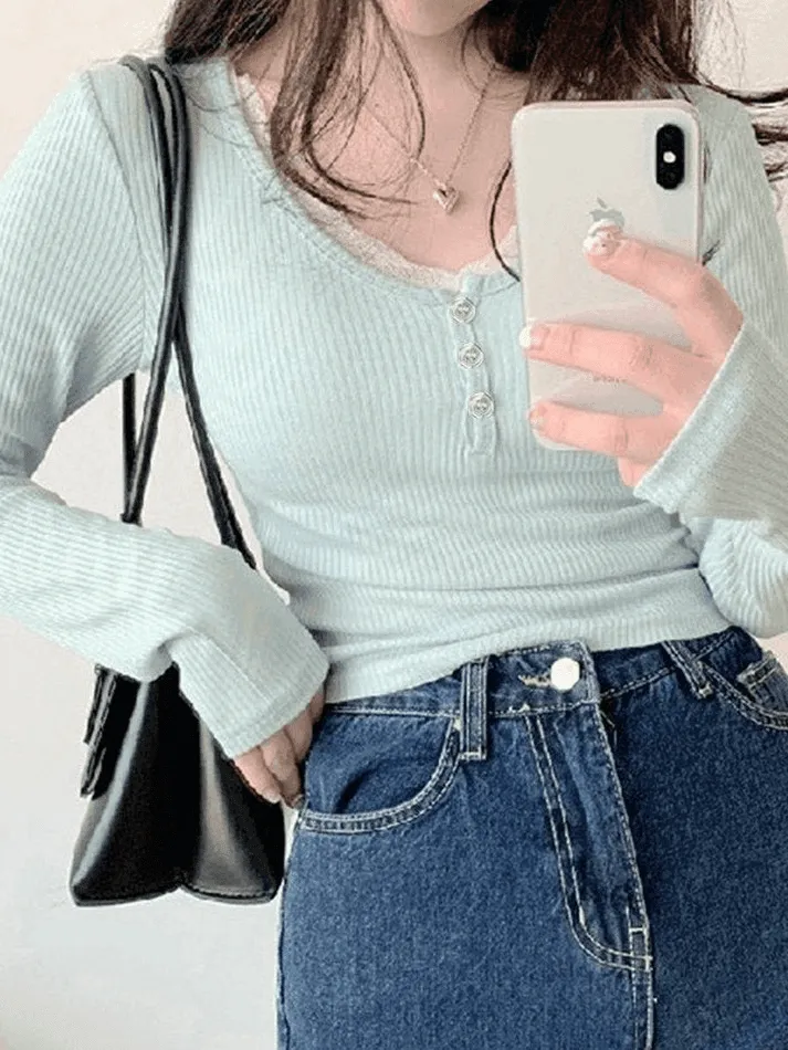 Lace Trim Knit Long Sleeve Crop Top