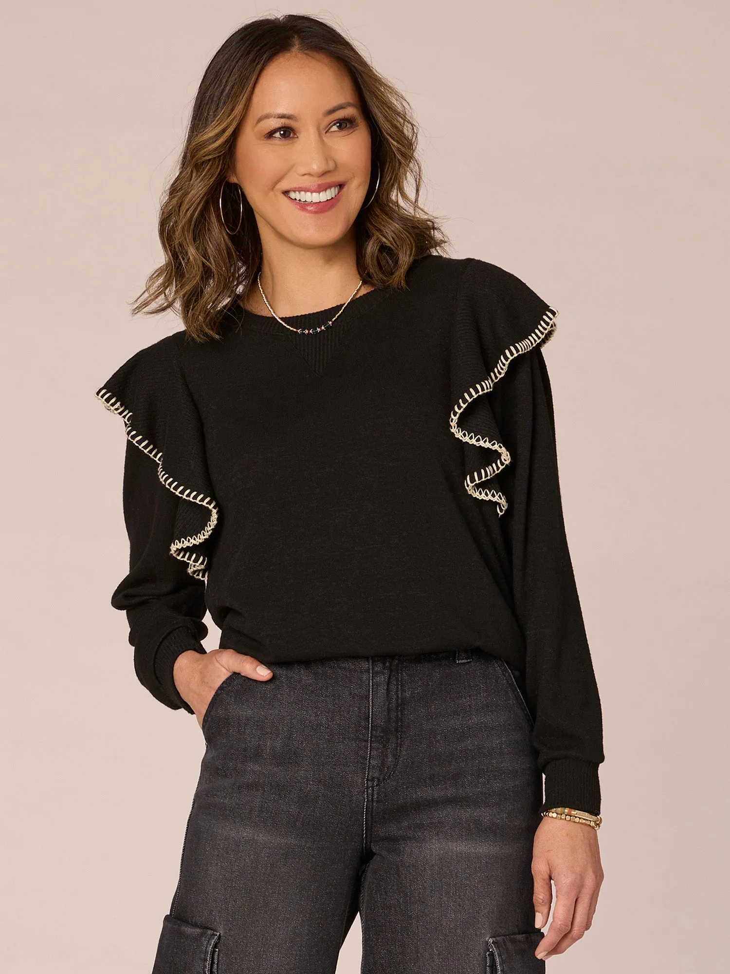 Long Banded Sleeve Scoop Neck V-Placket Embroidered Ruffle Knit Top